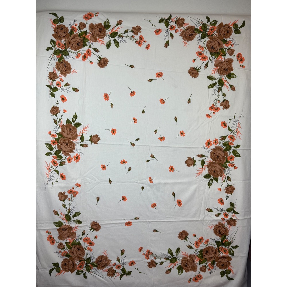 Vintage Floral Tablecloth Brown Roses Orange Flowers White Rectangular 52x66